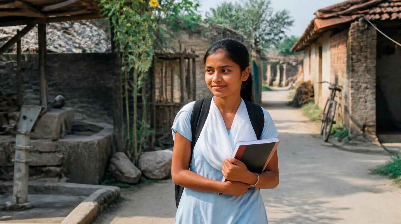A schoolgirl walking through her village lane with her books